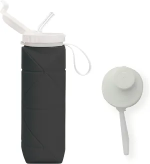 Collapsible Silicone Water Bottle - 20 oz, Black, Leak-Proof & Shatterproof with 2 Interchangeable Lids for Outdoor Adventures