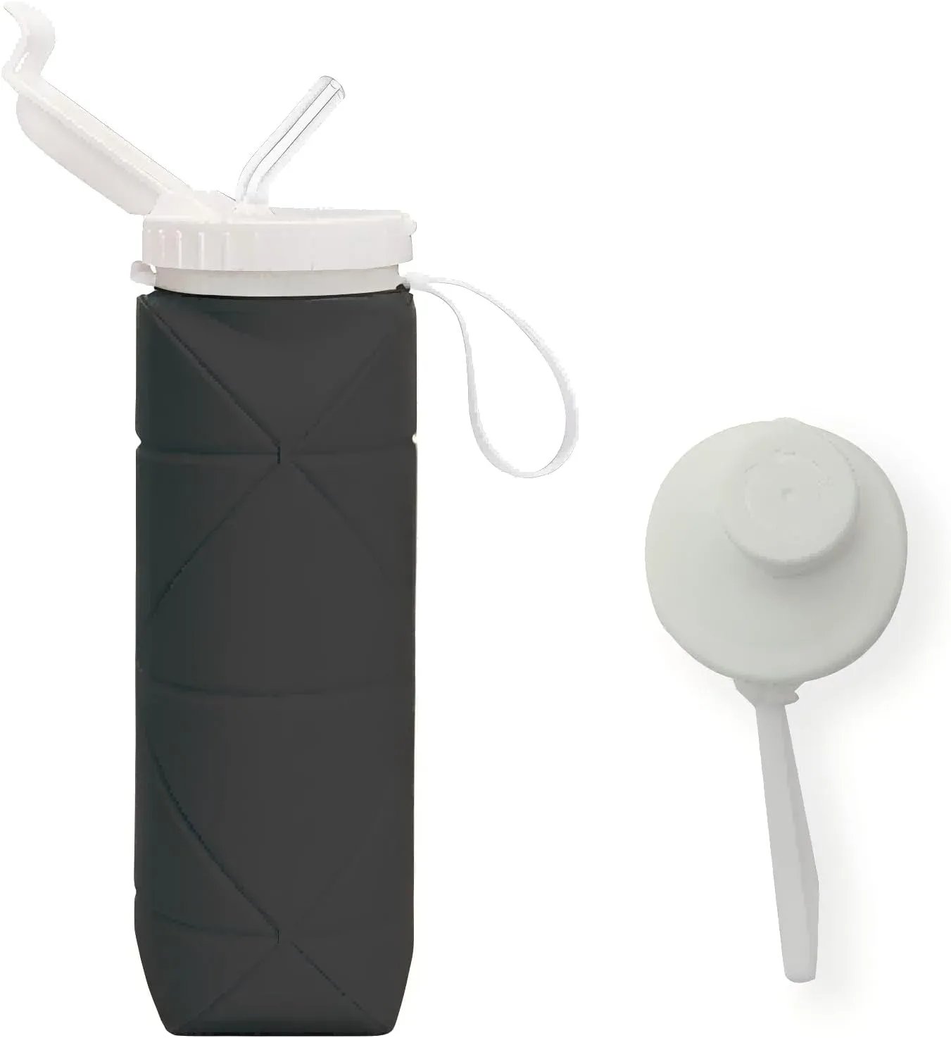 Collapsible Silicone Water Bottle - 20 oz, Black, Leak-Proof & Shatterproof with 2 Interchangeable Lids for Outdoor Adventures