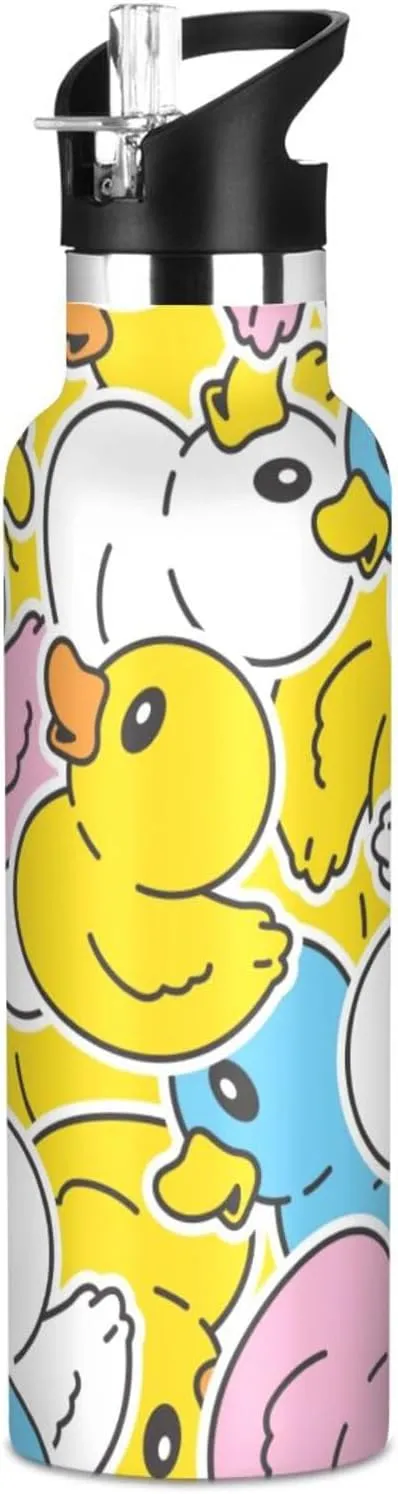 Colorful Duck Sport Water Bottle with Straw for Working Gym Fitness Camping, 20oz Vacuum Insulated Stainless Steel Thermal Flask BPA Free Leakproof Drinking Bottle