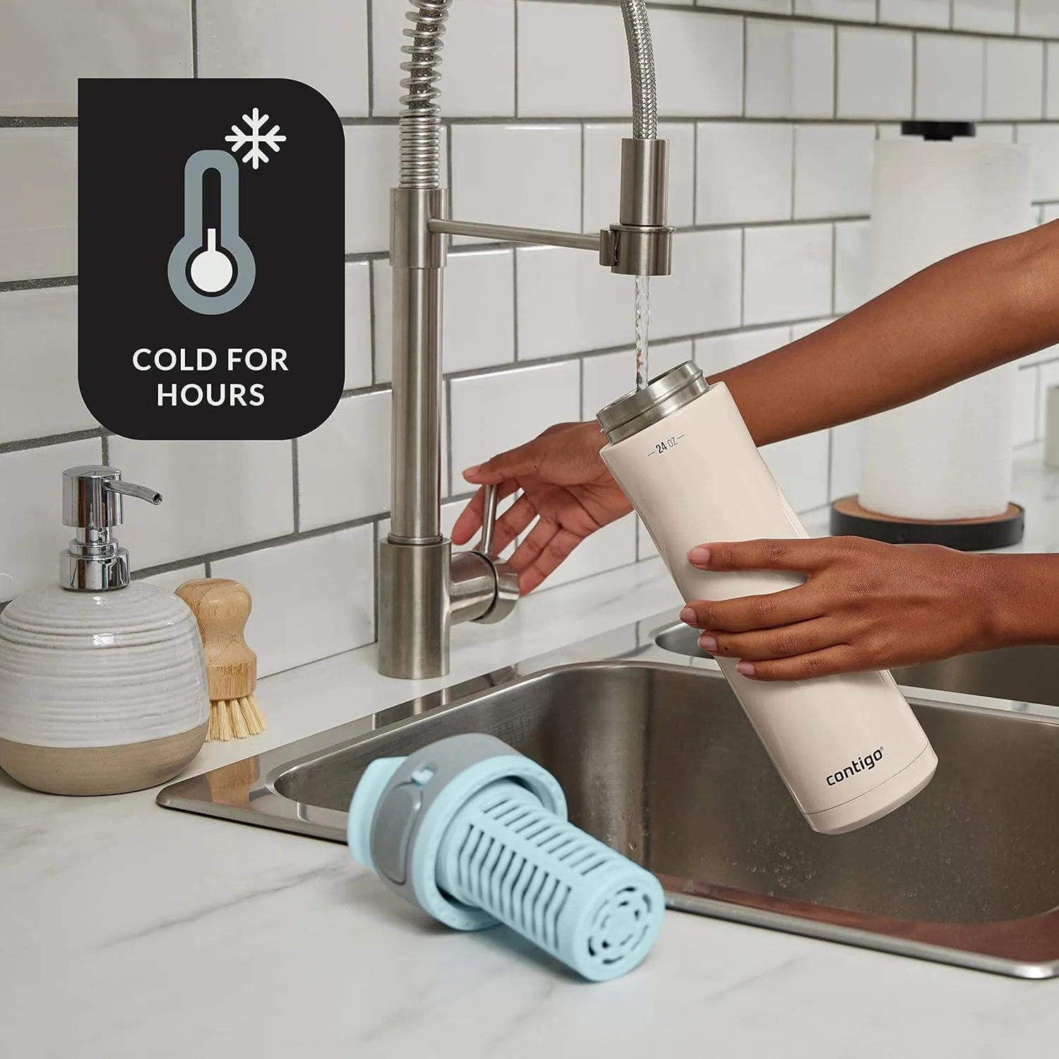 Contigo Clybourn Chill Stainless Steel FreeFlow Filter Water Bottle with AUTOSEAL, 24oz., Salt