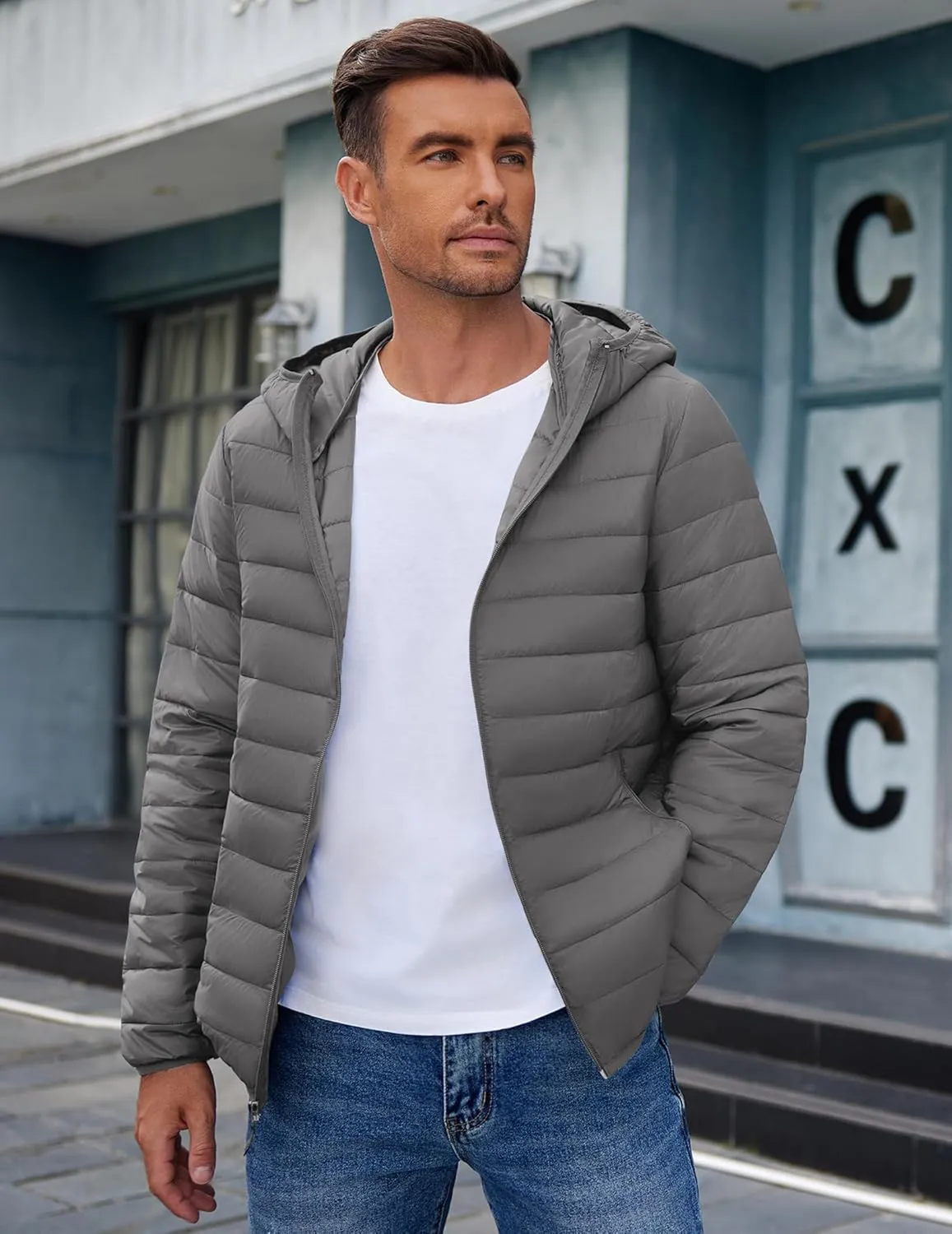 COOFANDY Mens Packable Puffer Jacket Lightweight Hooded Insulated Winter Coat Windproof Zipper Down Jacket