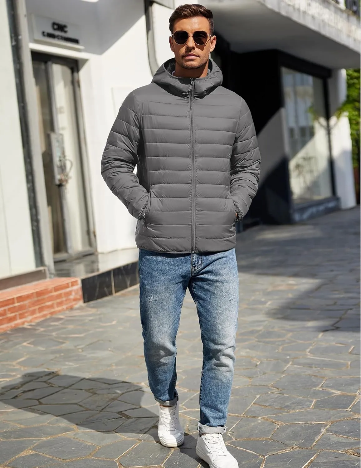 COOFANDY Mens Packable Puffer Jacket Lightweight Hooded Insulated Winter Coat Windproof Zipper Down Jacket