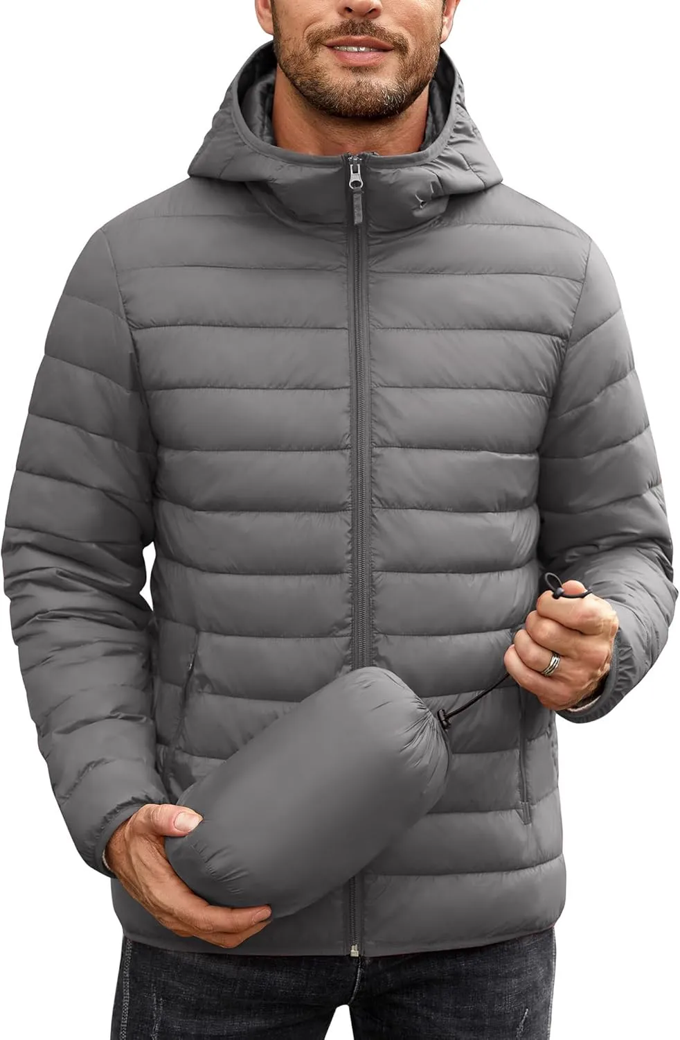 COOFANDY Mens Packable Puffer Jacket Lightweight Hooded Insulated Winter Coat Windproof Zipper Down Jacket
