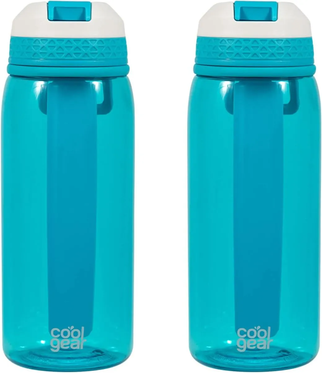 COOL GEAR 2-Pack 32 oz System Sipper Water Bottle With Tritan Plastic, Flexible Handle, & Freezer Stick | Shatter Resistant Water Jug To Keep Drinks Cool | Good For the Gym, School, Work