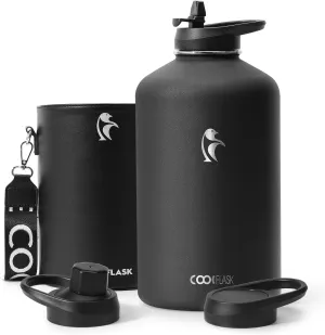 Coolflask 128 oz Water Bottle Insulated with PU Leather Sleeve, Gallon Water Bottle Color Contrast with Straw Lids, Stainless Steel Metal Large Water Jug, Keep Cold 48h Hot 24h,Polar Black