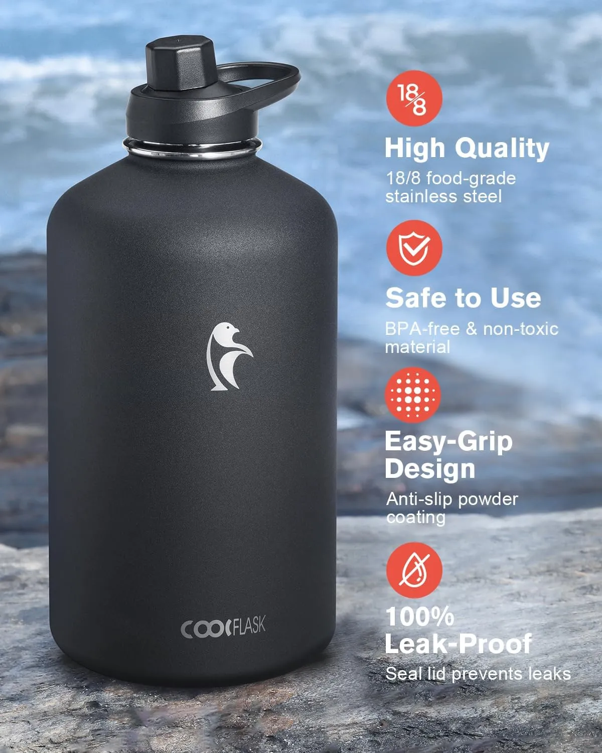 Coolflask 128 oz Water Bottle Insulated with PU Leather Sleeve, Gallon Water Bottle Color Contrast with Straw Lids, Stainless Steel Metal Large Water Jug, Keep Cold 48h Hot 24h,Polar Black