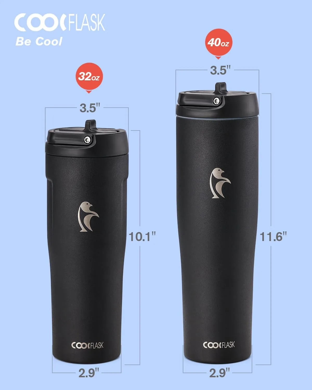 Coolflask 32 oz Insulated Water Bottle - Slim Tumbler with Straw & Handle - Car Cup Holder Friendly - Stainless Steel Thermo Flask for Sports, Gym, Travel, Office, Dishwasher Safe, Black