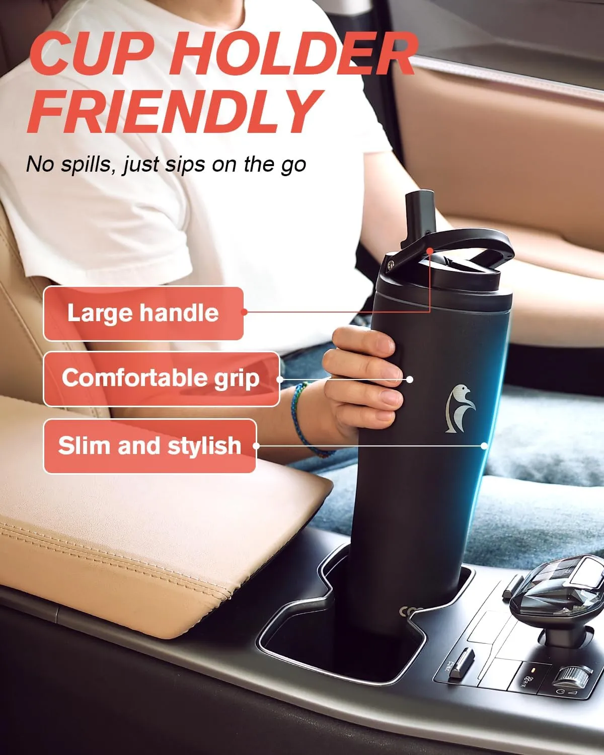 Coolflask 32 oz Insulated Water Bottle - Slim Tumbler with Straw & Handle - Car Cup Holder Friendly - Stainless Steel Thermo Flask for Sports, Gym, Travel, Office, Dishwasher Safe, Black