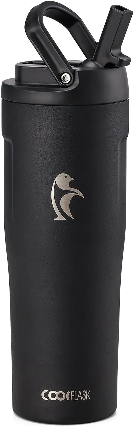 Coolflask 32 oz Insulated Water Bottle - Slim Tumbler with Straw & Handle - Car Cup Holder Friendly - Stainless Steel Thermo Flask for Sports, Gym, Travel, Office, Dishwasher Safe, Black