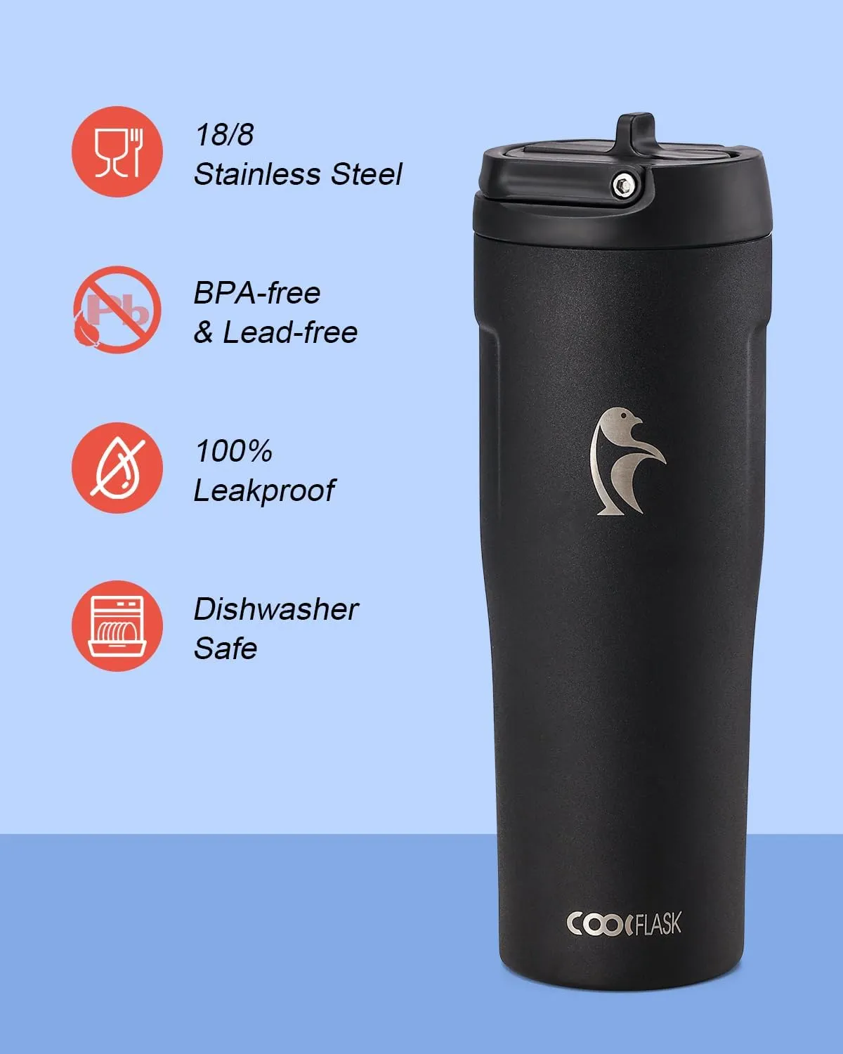 Coolflask 32 oz Insulated Water Bottle - Slim Tumbler with Straw & Handle - Car Cup Holder Friendly - Stainless Steel Thermo Flask for Sports, Gym, Travel, Office, Dishwasher Safe, Black
