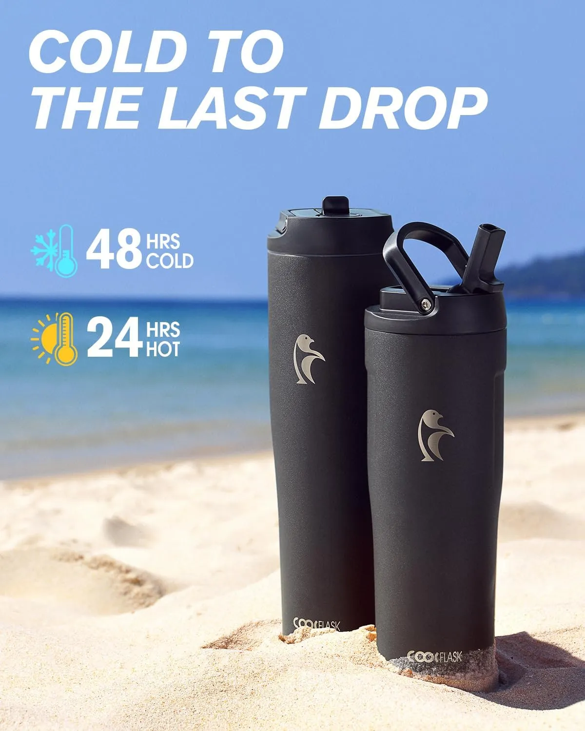 Coolflask 32 oz Insulated Water Bottle - Slim Tumbler with Straw & Handle - Car Cup Holder Friendly - Stainless Steel Thermo Flask for Sports, Gym, Travel, Office, Dishwasher Safe, Black