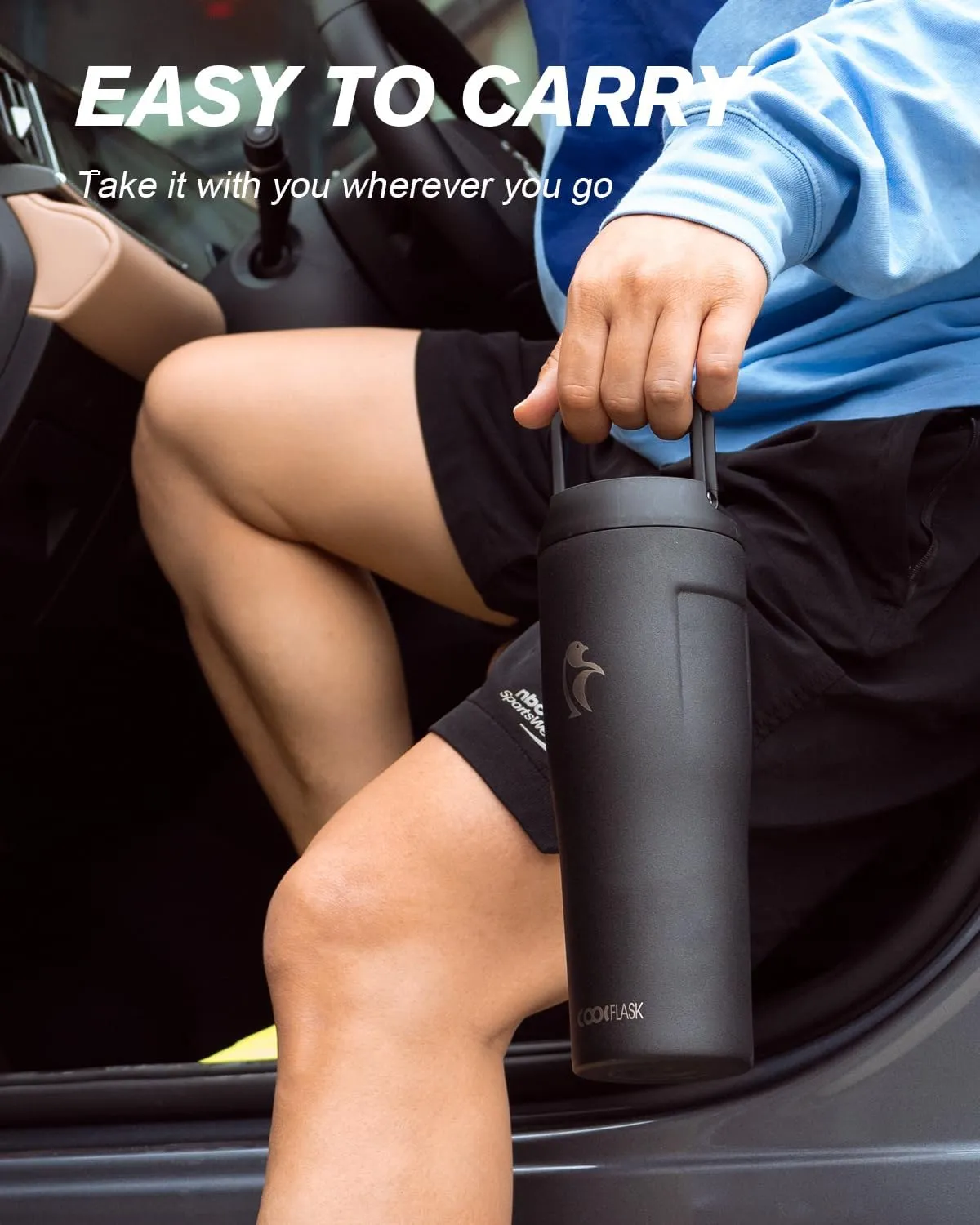 Coolflask 32 oz Insulated Water Bottle - Slim Tumbler with Straw & Handle - Car Cup Holder Friendly - Stainless Steel Thermo Flask for Sports, Gym, Travel, Office, Dishwasher Safe, Black