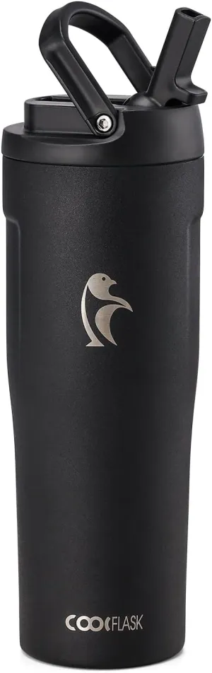 Coolflask 32 oz Insulated Water Bottle - Slim Tumbler with Straw & Handle - Car Cup Holder Friendly - Stainless Steel Thermo Flask for Sports, Gym, Travel, Office, Dishwasher Safe, Black