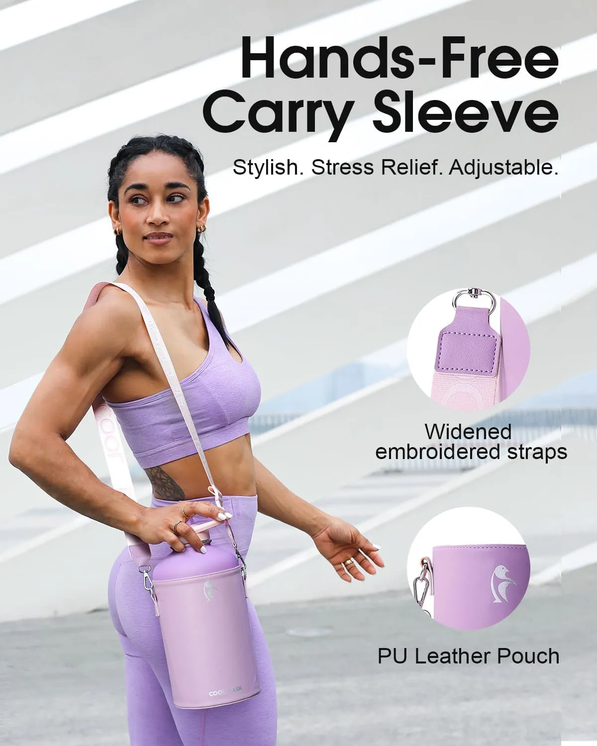 Coolflask Gallon Water Bottle Insulated with PU Leather Sleeve, 128 oz Water Bottle Color Contrast with Straw Lids, Stainless Steel Metal Large Water Jug, Keep Cold 48h Hot 24h,Lilac Purple