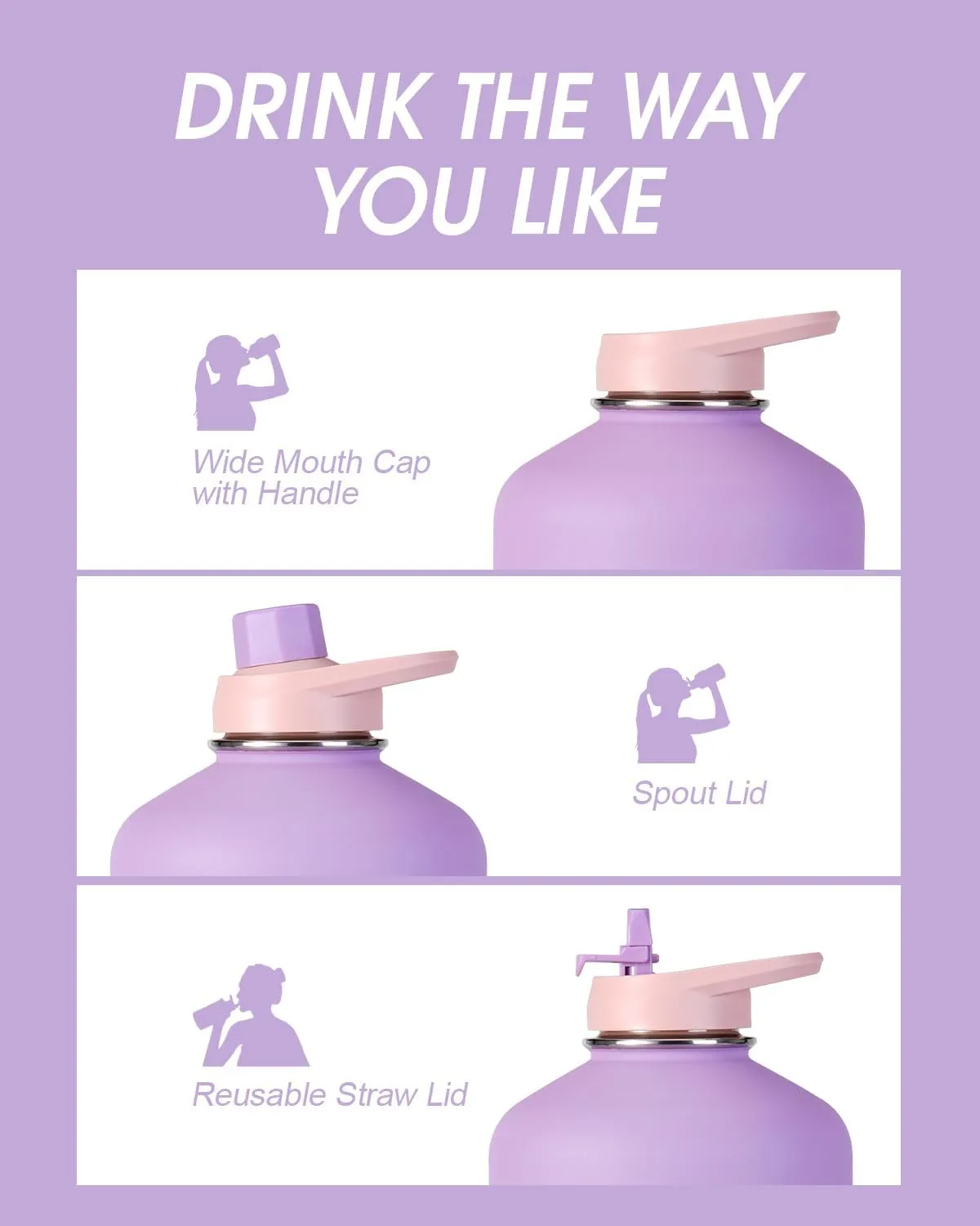 Coolflask Gallon Water Bottle Insulated with PU Leather Sleeve, 128 oz Water Bottle Color Contrast with Straw Lids, Stainless Steel Metal Large Water Jug, Keep Cold 48h Hot 24h,Lilac Purple