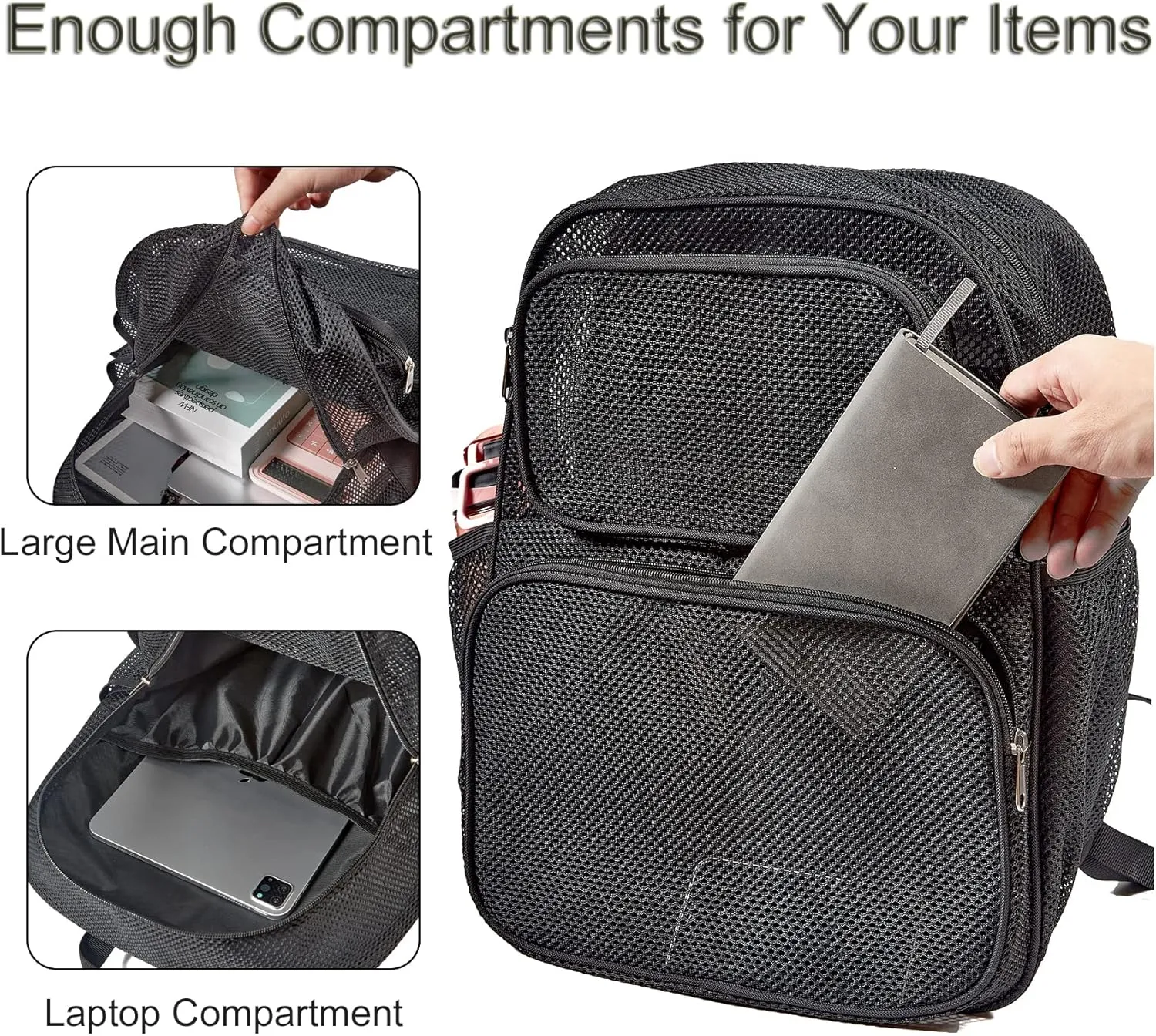 COVAX Large Mesh Backpack, Semi-transparent College Backpack, See Through Mesh Bookbag with Bungee and Comfort Padded Straps for Travel, Swimming, Beach, Outdoor Sports