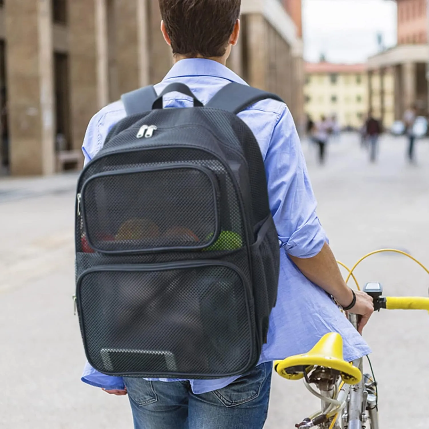 COVAX Large Mesh Backpack, Semi-transparent College Backpack, See Through Mesh Bookbag with Bungee and Comfort Padded Straps for Travel, Swimming, Beach, Outdoor Sports
