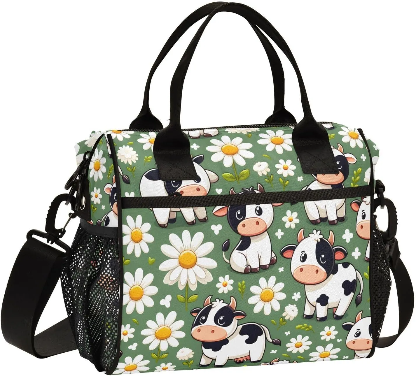 Cow Daisy Farm Animals Lunch Bag Women Cooler Bags Lunch Tote Bags for Men Reusable Insulated Lunch Box Crossbody with Shoulder Strap Leakproof Work Picnic S