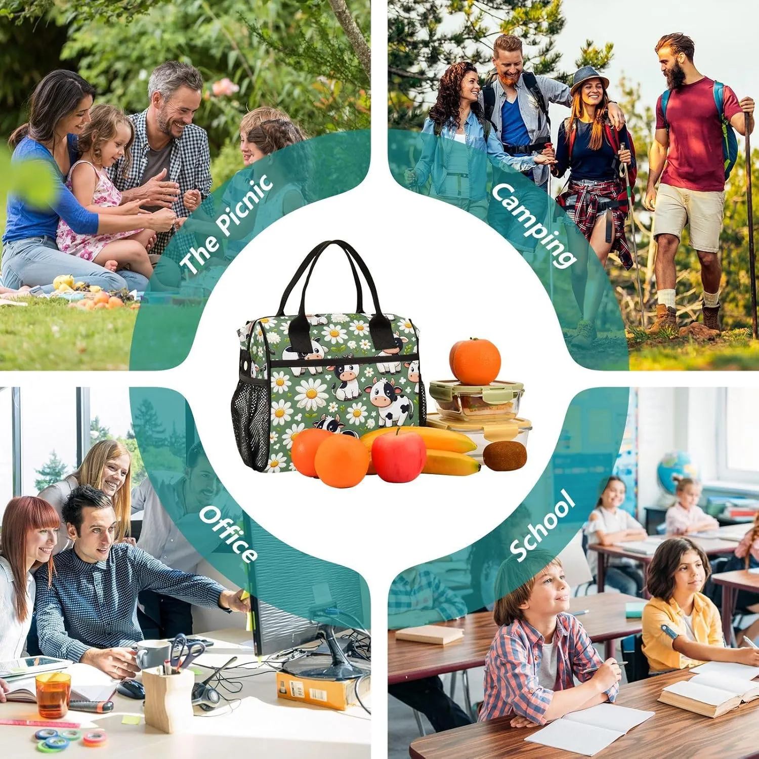 Cow Daisy Farm Animals Lunch Bag Women Cooler Bags Lunch Tote Bags for Men Reusable Insulated Lunch Box Crossbody with Shoulder Strap Leakproof Work Picnic S