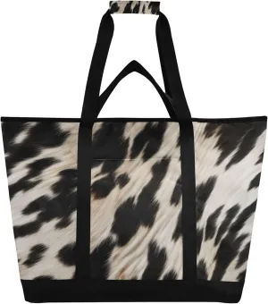 Cow Print Reusable Insulated Cooler Bag with Ice Pack Compartment - Large 47L Waterproof Thermal Grocery Tote for Picnic Beach Camping Lunch Storage