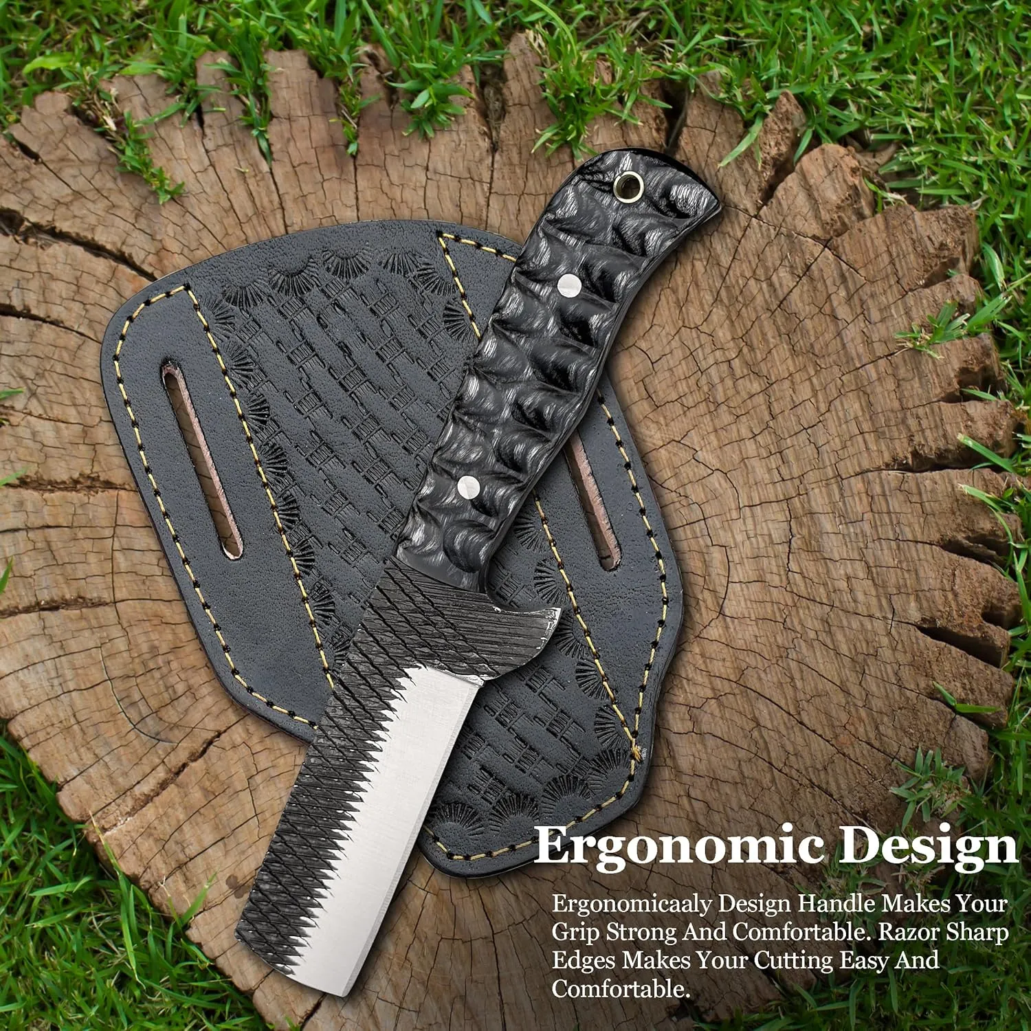 Cowboy Knives with Leather Sheath - 8” Sharp Handmade Rasp steel Bull Cutter Knife - EDC Fixed Blade Hunting Knife for Skinning, Camping, Bushcrafting and Outdoor Activities (black)