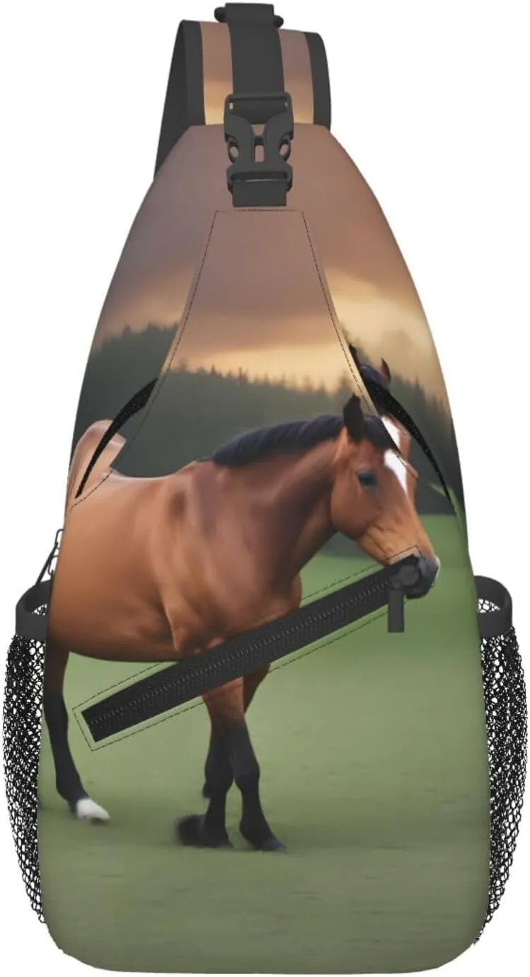 Cross Chest Bag Diagonally for Men and Women - Lightweight and Durable with High Storage Capacity Nature Scenic Horse Pattern, Black, One Size