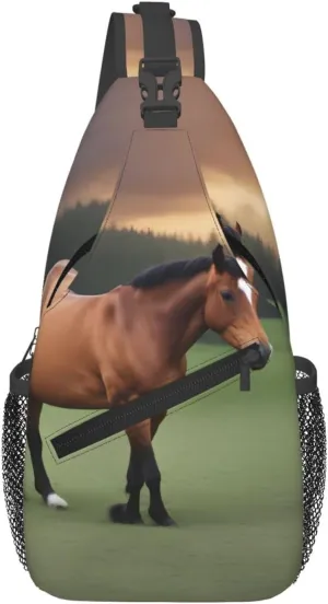 Cross Chest Bag Diagonally for Men and Women - Lightweight and Durable with High Storage Capacity Nature Scenic Horse Pattern, Black, One Size