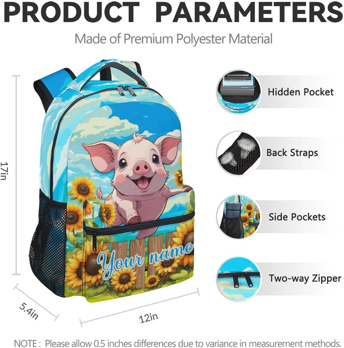 Custom Backpack for Girls, 17 Inch Cute Pig Backpacks for Women, Pink Animal Portable Bookbag for Middle High School