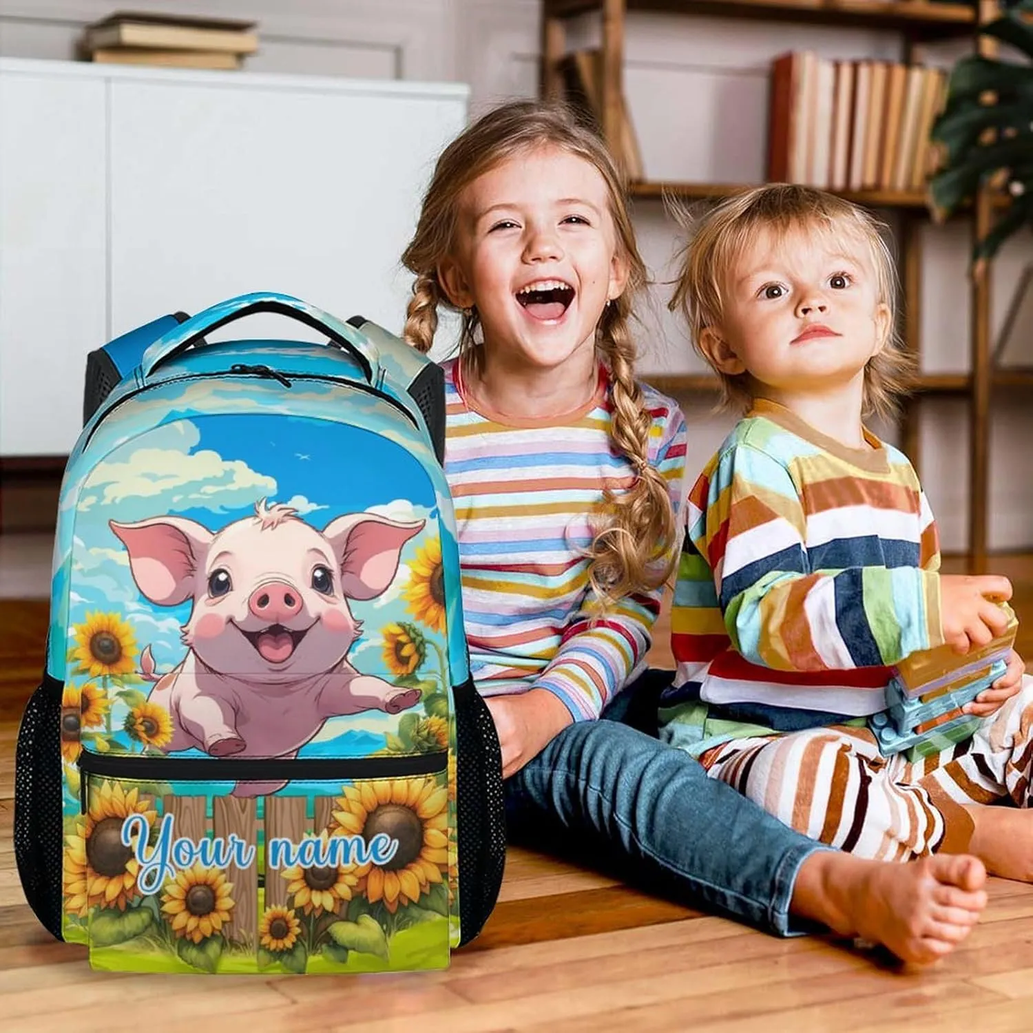 Custom Backpack for Girls, 17 Inch Cute Pig Backpacks for Women, Pink Animal Portable Bookbag for Middle High School