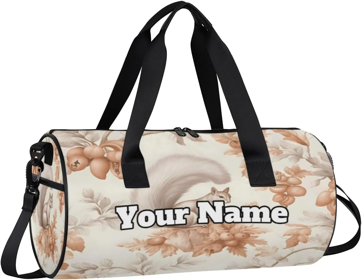 Custom Gym Bag for Women Men with Name, Personalized Cute Squirrel Duffel Bag for Sports, Waterproof Dance Bag, Lightweight Carryon Gym Bag, Squirrel
