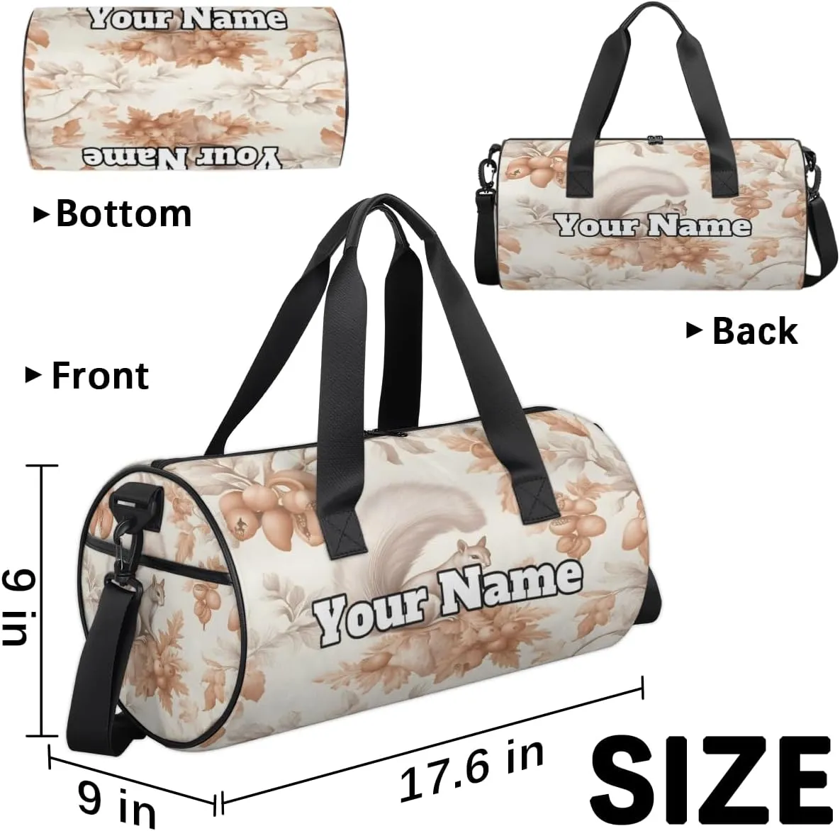 Custom Gym Bag for Women Men with Name, Personalized Cute Squirrel Duffel Bag for Sports, Waterproof Dance Bag, Lightweight Carryon Gym Bag, Squirrel