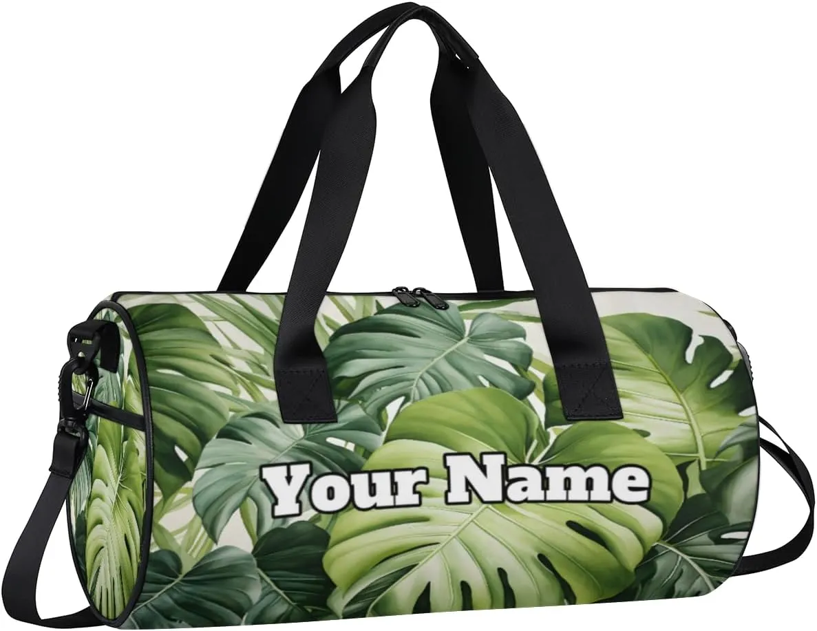Custom Gym Bag for Women Men with Name, Personalized Palm Leaves Duffel Bag for Sports, Waterproof Dance Bag, Lightweight Carryon Gym Bag, Leaves