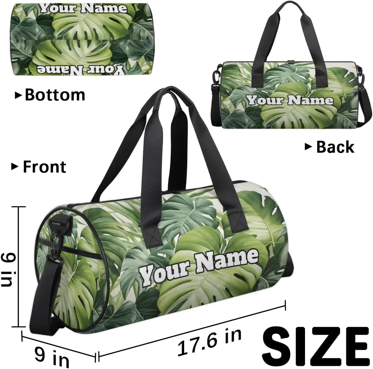 Custom Gym Bag for Women Men with Name, Personalized Palm Leaves Duffel Bag for Sports, Waterproof Dance Bag, Lightweight Carryon Gym Bag, Leaves