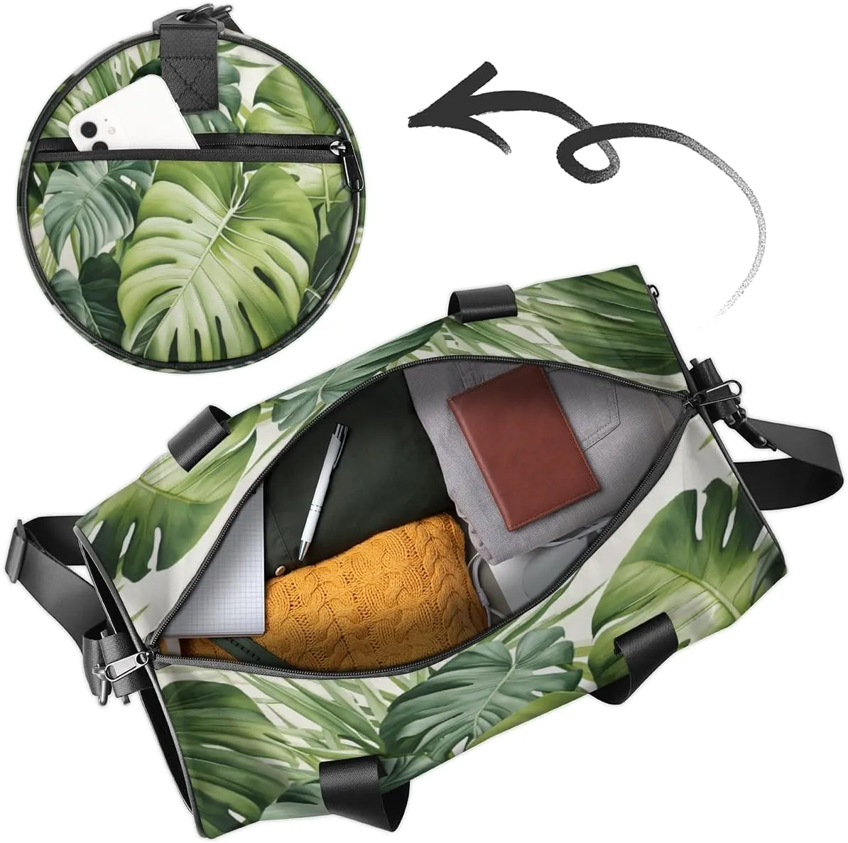 Custom Gym Bag for Women Men with Name, Personalized Palm Leaves Duffel Bag for Sports, Waterproof Dance Bag, Lightweight Carryon Gym Bag, Leaves