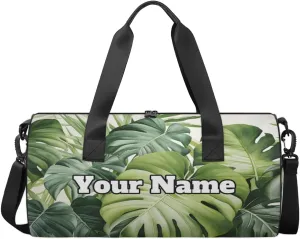 Custom Gym Bag for Women Men with Name, Personalized Palm Leaves Duffel Bag for Sports, Waterproof Dance Bag, Lightweight Carryon Gym Bag, Leaves
