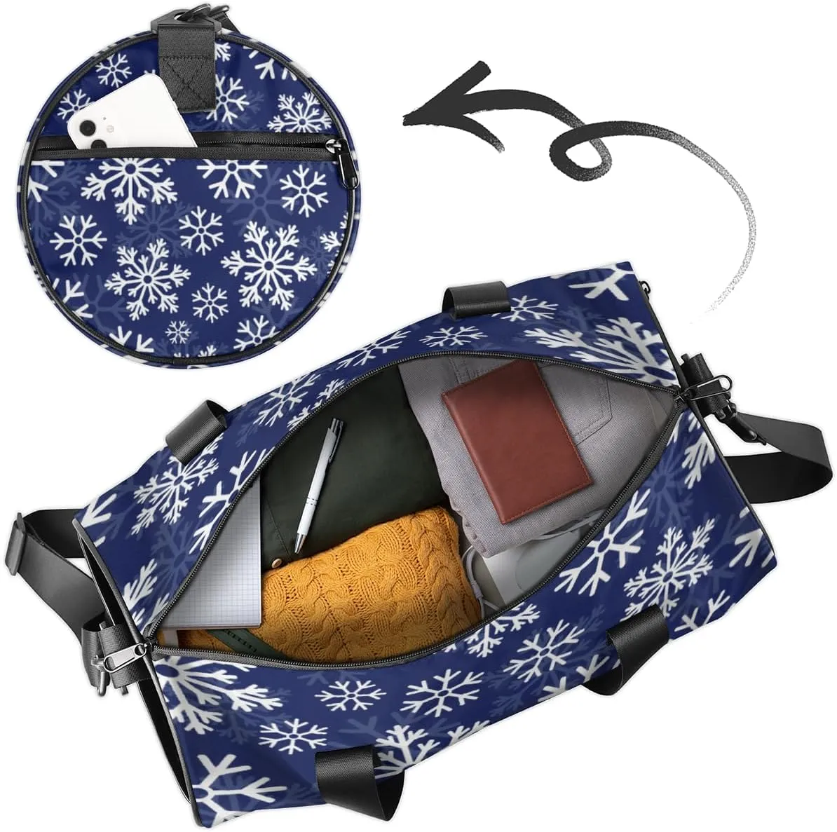 Custom Gym Bag for Women Men with Name, Personalized Snowflake Themes Duffel Bag for Sports, Waterproof Dance Bag, Lightweight Carryon Gym Bag, Christmas Themes