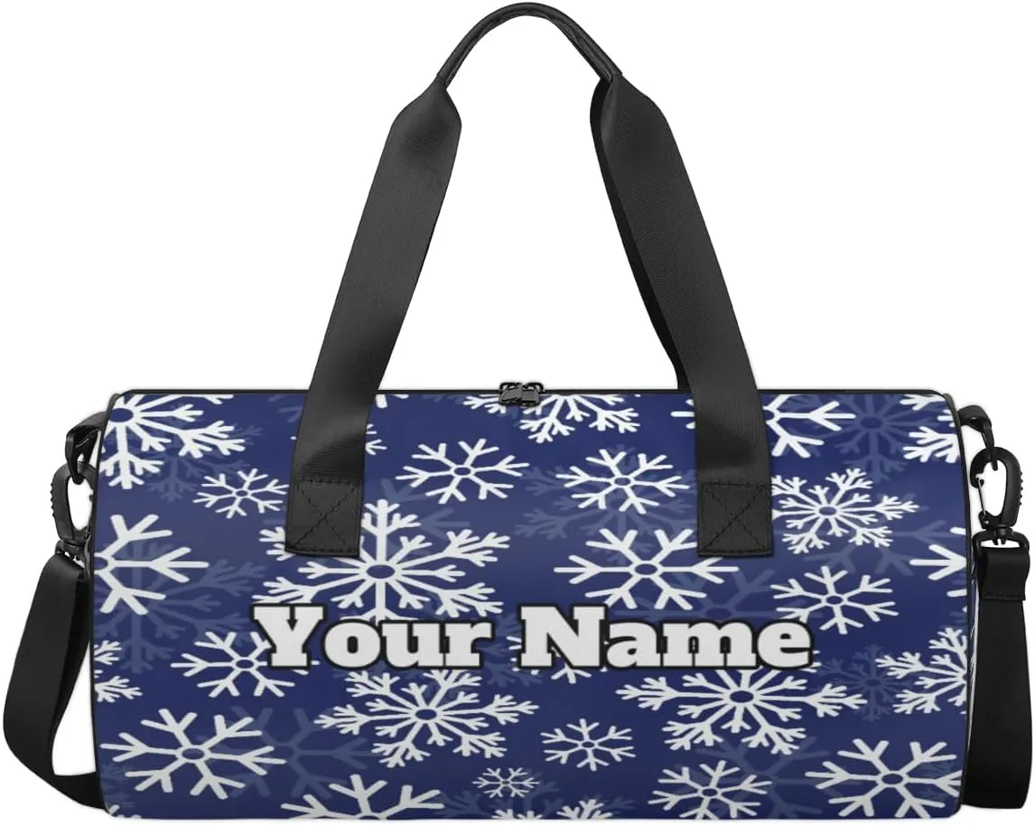 Custom Gym Bag for Women Men with Name, Personalized Snowflake Themes Duffel Bag for Sports, Waterproof Dance Bag, Lightweight Carryon Gym Bag, Christmas Themes