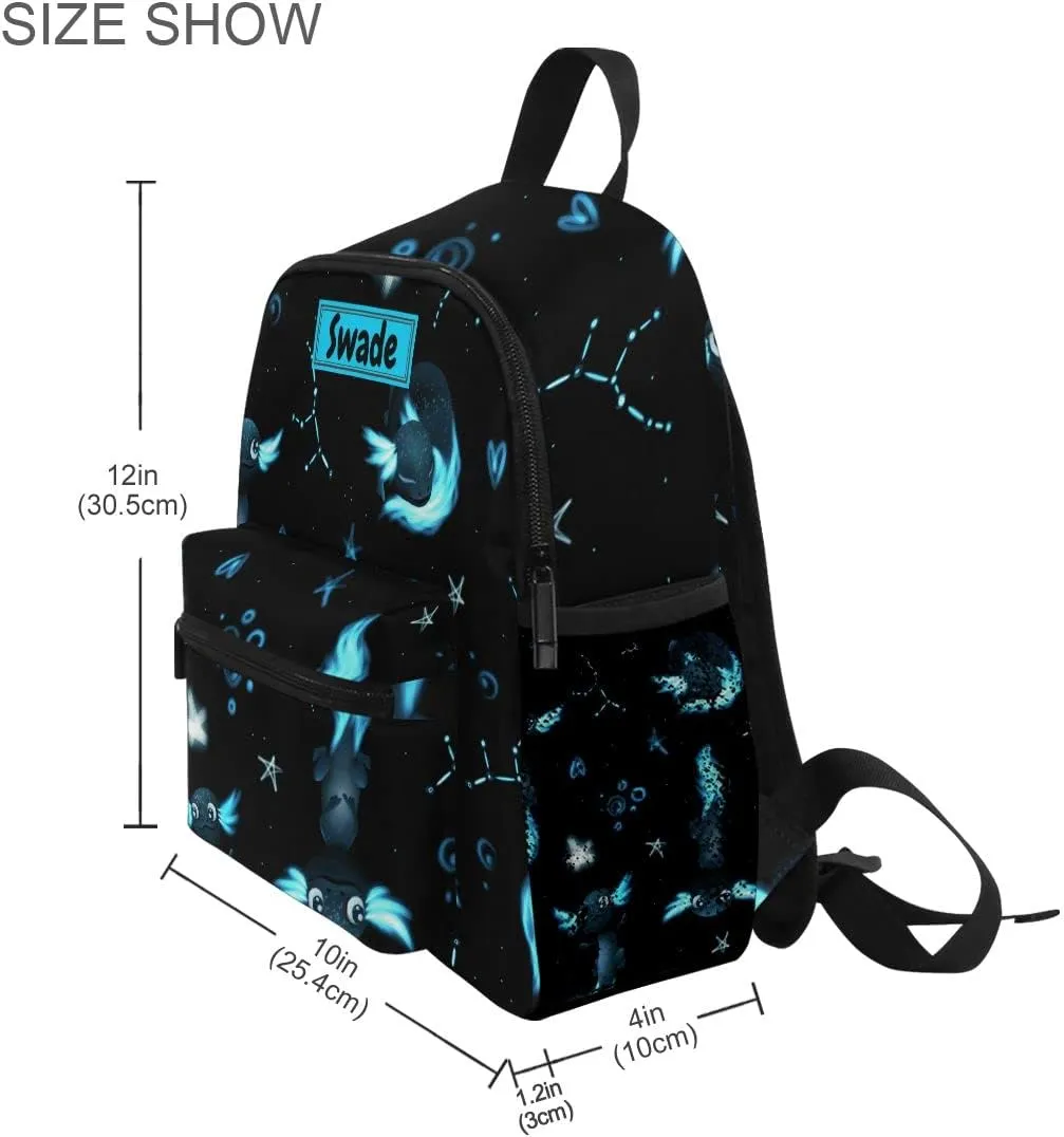 Custom Kid's Name Backpack, Black Axolotl Stars Toddler Backpack for Daycare Travel, Personalized Name Preschool Bookbags for Boys Girls