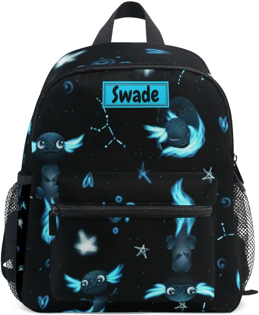 Custom Kid's Name Backpack, Black Axolotl Stars Toddler Backpack for Daycare Travel, Personalized Name Preschool Bookbags for Boys Girls