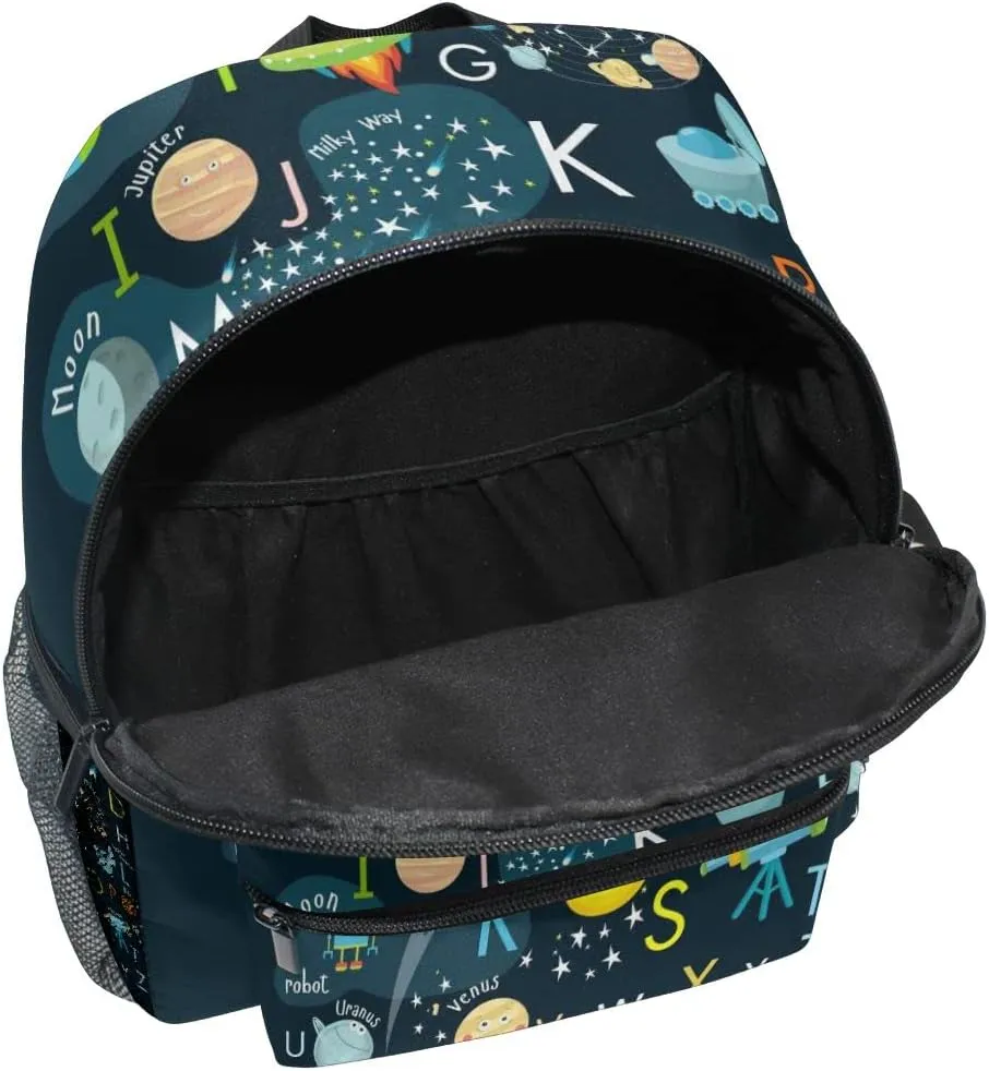 Custom Kid's Name Backpack, Cartoon Outer Planets Alphabet Toddler Backpack for Daycare Travel, Personalized Name Preschool Bookbags for Boys Girls