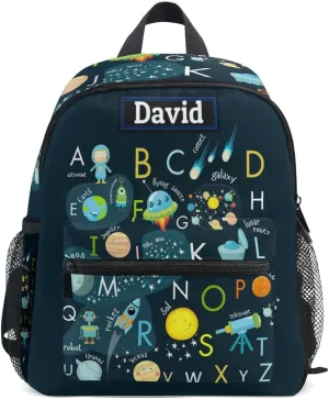 Custom Kid's Name Backpack, Cartoon Outer Planets Alphabet Toddler Backpack for Daycare Travel, Personalized Name Preschool Bookbags for Boys Girls