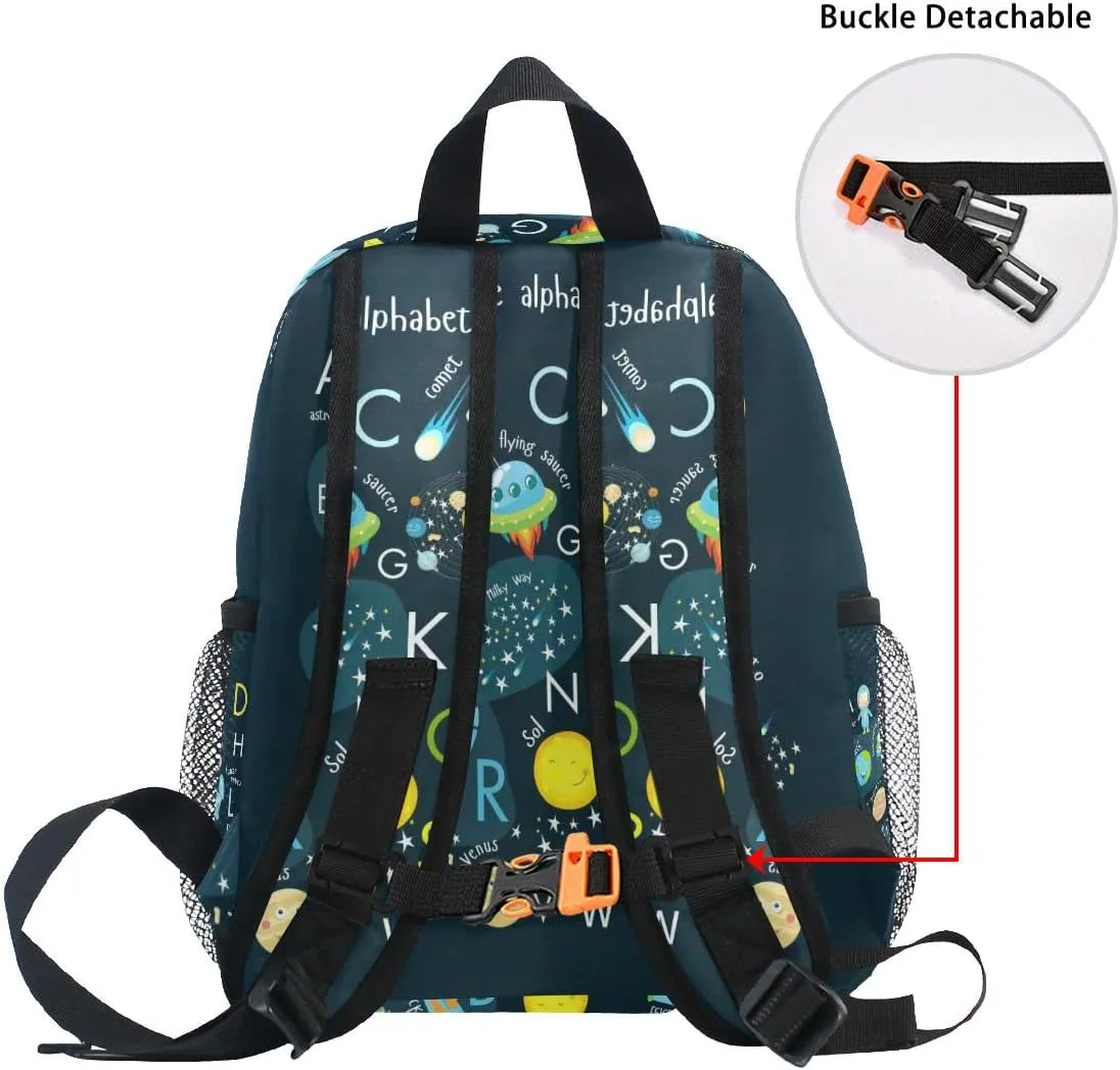 Custom Kid's Name Backpack, Cartoon Outer Planets Alphabet Toddler Backpack for Daycare Travel, Personalized Name Preschool Bookbags for Boys Girls