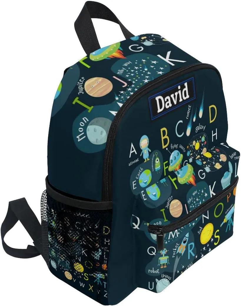 Custom Kid's Name Backpack, Cartoon Outer Planets Alphabet Toddler Backpack for Daycare Travel, Personalized Name Preschool Bookbags for Boys Girls