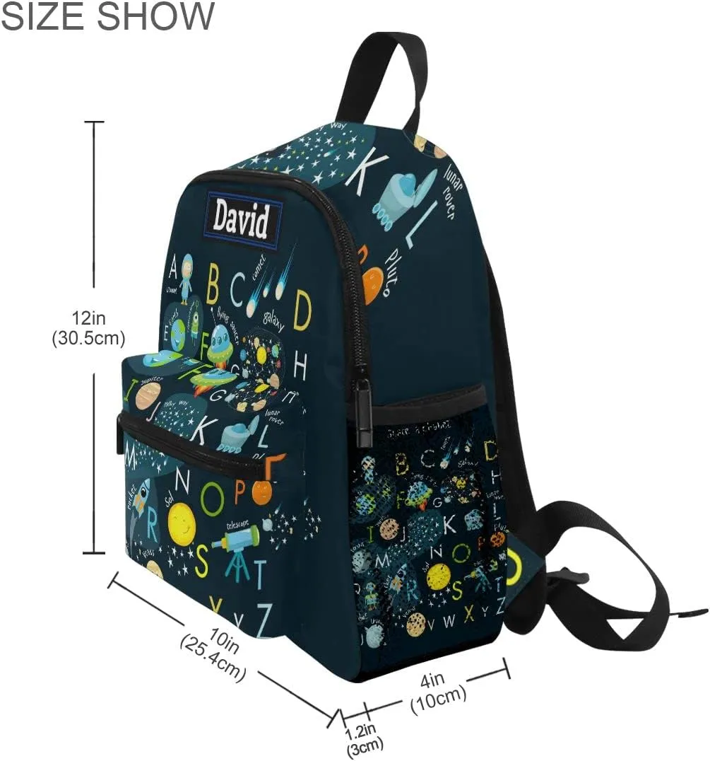 Custom Kid's Name Backpack, Cartoon Outer Planets Alphabet Toddler Backpack for Daycare Travel, Personalized Name Preschool Bookbags for Boys Girls