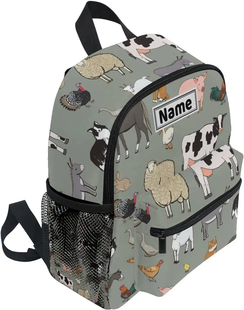 Custom Kid's Name Backpack, Farm Animals Cow Toddler Backpack for Daycare Travel, Personalized Name Preschool Bookbags for Boys Girls