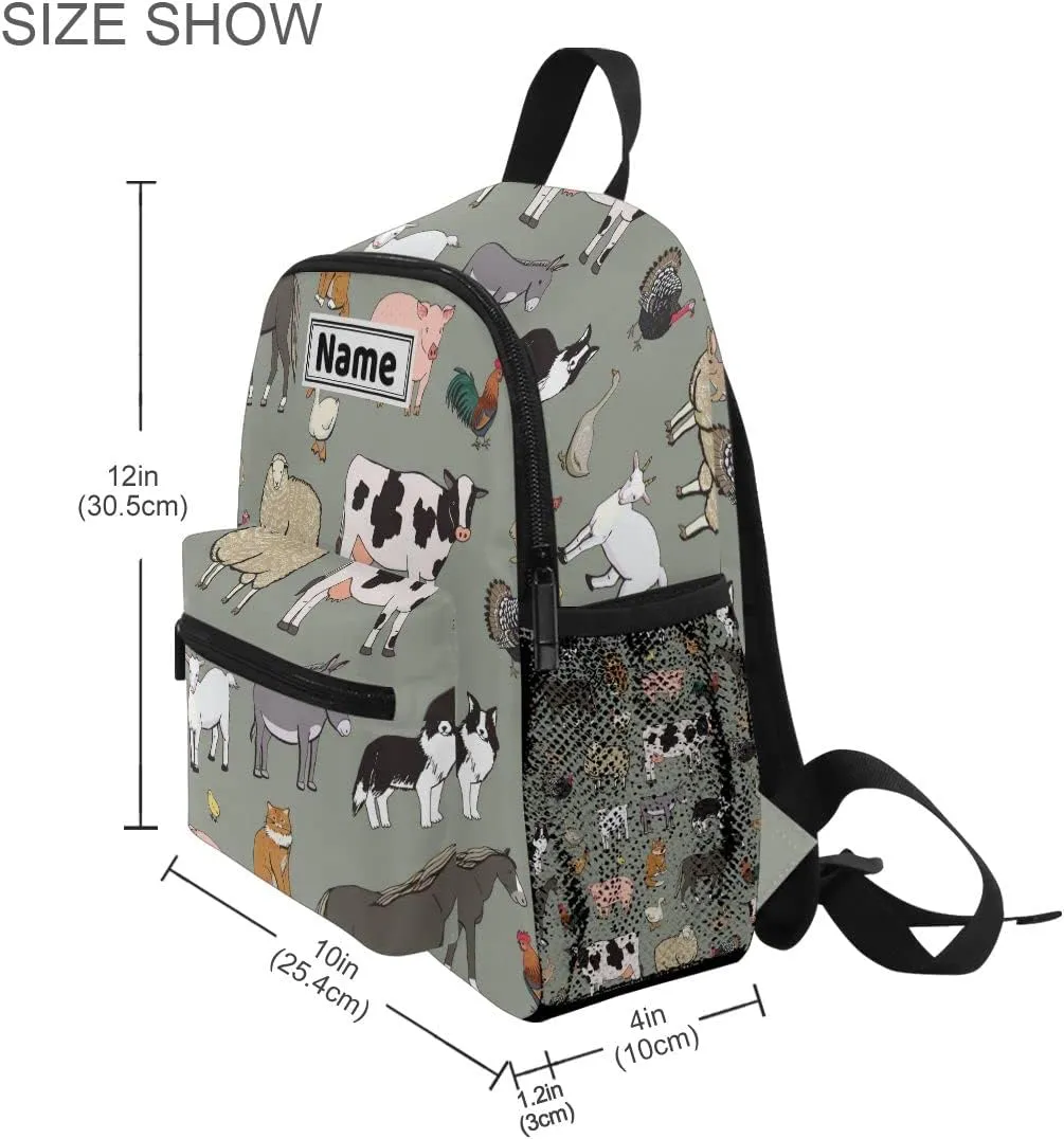 Custom Kid's Name Backpack, Farm Animals Cow Toddler Backpack for Daycare Travel, Personalized Name Preschool Bookbags for Boys Girls