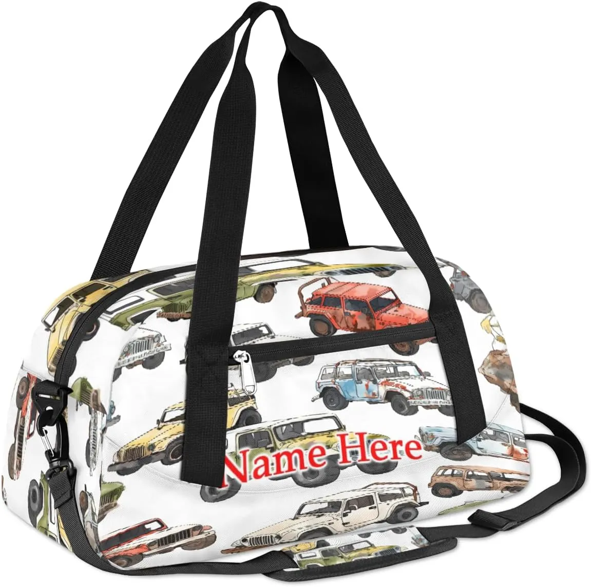 Custom Name Small Kids Overnighter Duffle Bag for Boys Girls Colorful Truck Jeep Personalized Lightweight Gym Sports Duffle Bag Travel Weekender Tote Carry on Bag Customized Kids Gifts