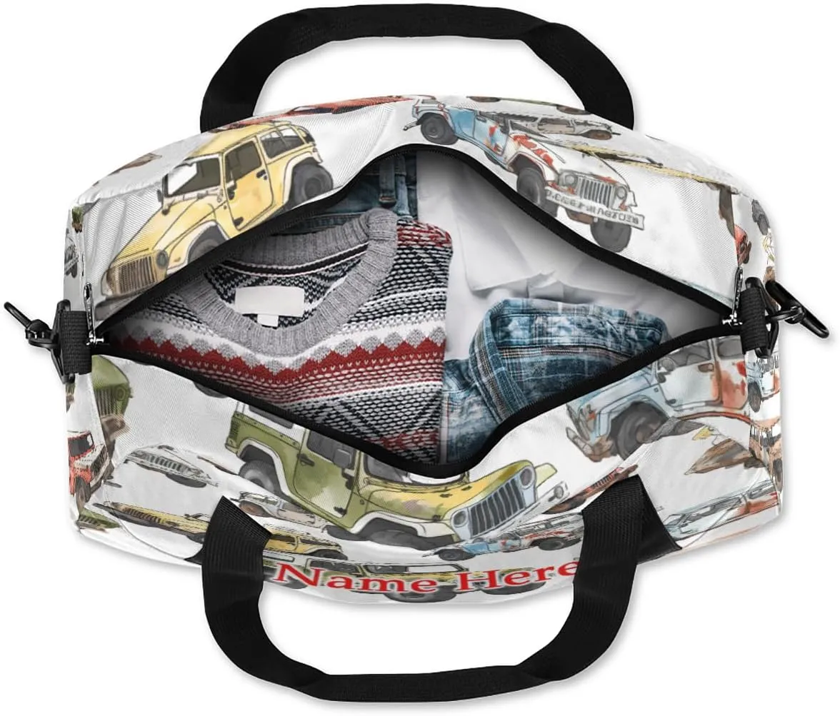 Custom Name Small Kids Overnighter Duffle Bag for Boys Girls Colorful Truck Jeep Personalized Lightweight Gym Sports Duffle Bag Travel Weekender Tote Carry on Bag Customized Kids Gifts
