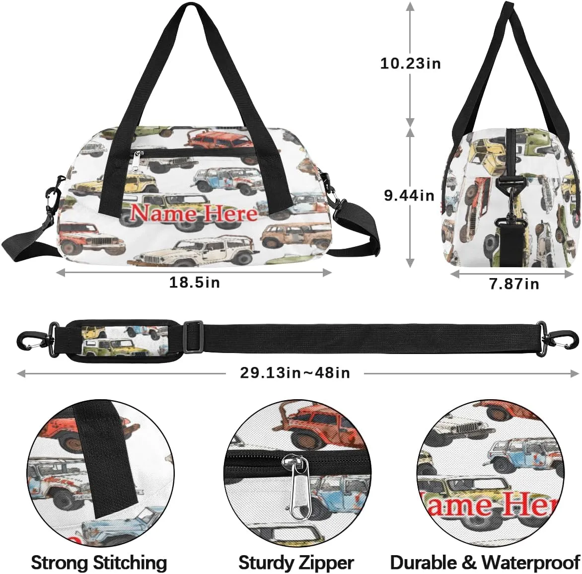 Custom Name Small Kids Overnighter Duffle Bag for Boys Girls Colorful Truck Jeep Personalized Lightweight Gym Sports Duffle Bag Travel Weekender Tote Carry on Bag Customized Kids Gifts