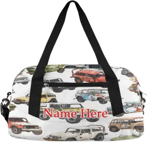Custom Name Small Kids Overnighter Duffle Bag for Boys Girls Colorful Truck Jeep Personalized Lightweight Gym Sports Duffle Bag Travel Weekender Tote Carry on Bag Customized Kids Gifts